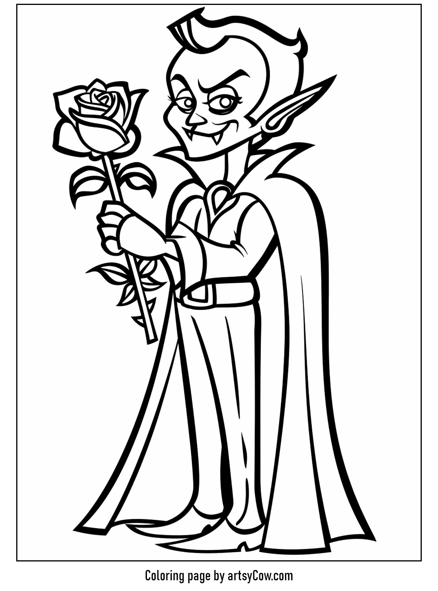 free halloween coloring pages for kids and adults: A vampire clad in a stylish tuxedo clutching a rose.